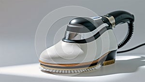 Photorealistic image of a electric shoe polisher with soft white backdrop