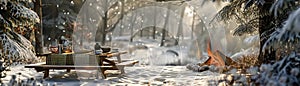 A photorealistic image of a family campsite after a light snowfall. A picnic table is set with breakfast mugs of coffee steaming