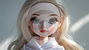 Photorealistic image of a fashion doll in white studio lighting