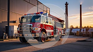 Photorealistic image of a fire truck in a garage