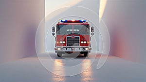 Photorealistic image of a fire truck on a white background