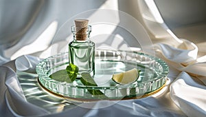 Photorealistic image of a glass aroma lid tray with soft white backdrop