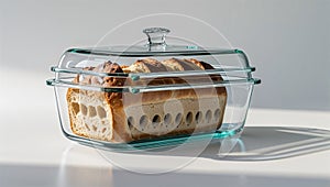 Photorealistic image of a glass bread box with suction cups on a white background