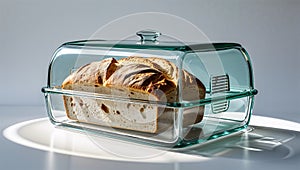 Photorealistic image of a glass bread box with suction cups on a white background