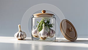 Photorealistic image of a glass garlic keeper with lid in a modern studio setting