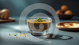 Photorealistic image of a glass gravy container