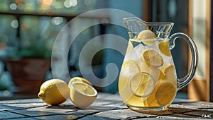 Photorealistic image of a glass pitcher with handle and engraved pattern in a studio setting