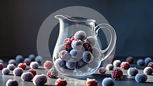 Photorealistic image of a glass pitcher with handle and engraved pattern in a studio setting