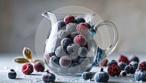 Photorealistic image of a glass pitcher with handle and engraved pattern in a studio setting