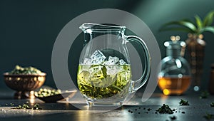 Photorealistic image of a glass pitcher with handle and engraved pattern in a studio setting