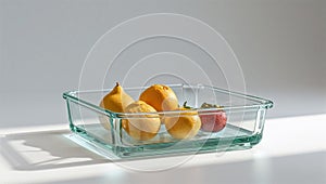 Photorealistic image of a glass tray bin with soft coating on a white background