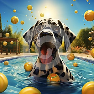 photorealistic image A Great Dane puppy playing in a clear blue water pool with a bunch of yellow balls by AI generated