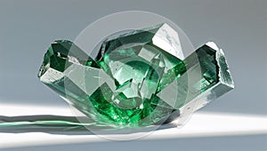 Photorealistic image of a green crystal opened on a white background