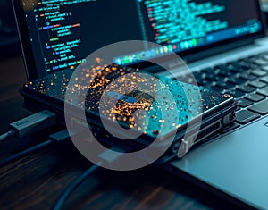 Photorealistic image of a hardware wallet being plugged into a laptop, with reflections of blockchain code on its sleek surface photo