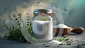 Photorealistic image of a jar of salt next to herb sprig
