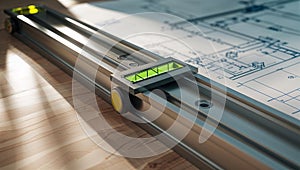 Photorealistic image of a level tool next to a blueprint