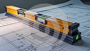 Photorealistic image of a level tool next to a blueprint