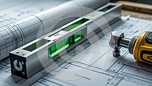 Photorealistic image of a level tool next to a blueprint