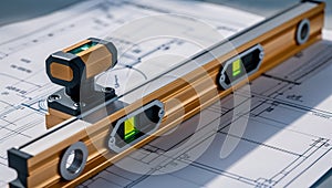 Photorealistic image of a level tool next to a blueprint