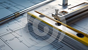 Photorealistic image of a level tool next to a blueprint