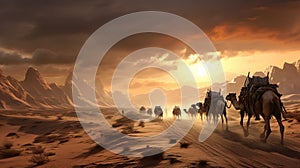 Photorealistic image of a long caravan in the rays of the scorching sun at sunset.