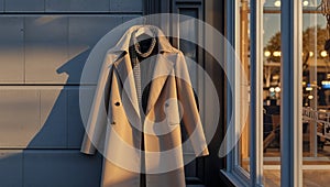 Photorealistic image of a long coat next to a store window