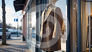 Photorealistic image of a long coat next to a store window