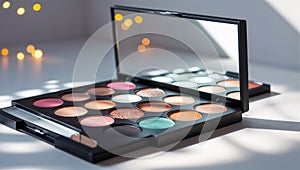 Photorealistic image of a makeup palette on a glossy white podium