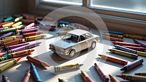 Photorealistic image of a miniature model kit inside a childÃ¢â¬â¢s bedroom