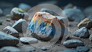 Photorealistic image of a painted rock among natural stones