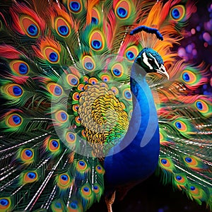 A photorealistic image of a peacock spreading its tail feathers, its plumage a riot of color by AI generated
