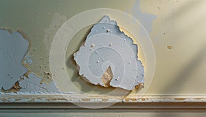 Photorealistic image of a plaster chip on painted wall