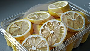 Photorealistic image of a plastic container of pasta on white background