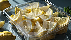 Photorealistic image of a plastic container of pasta on white background