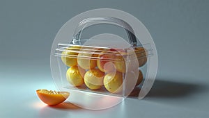 Photorealistic image of a plastic fruit holder tray