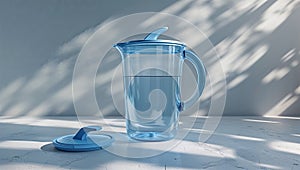 Photorealistic image of a plastic pitcher with lid