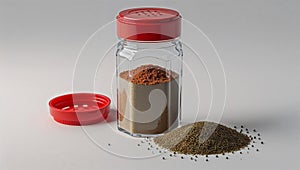 Photorealistic image of a plastic spice bottle with green cap