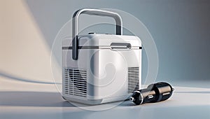 Photorealistic image of a portable mini air pump on a white background