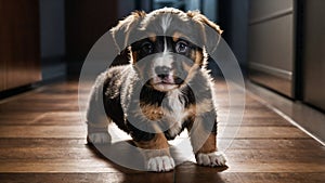 Photorealistic image of a puppy by heater stand in hallway photo