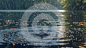 Photorealistic image of a raindrops hitting surface of lake