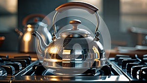 Photorealistic image of a reflections in kettle on stove