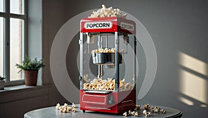 Photorealistic image of a retro-style popcorn machine with red base and clear top in a studio setting