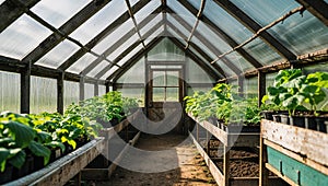 Photorealistic image of a rustic greenhouse inside a farm shed