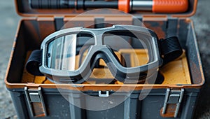 Photorealistic image of a safety goggles in a construction site