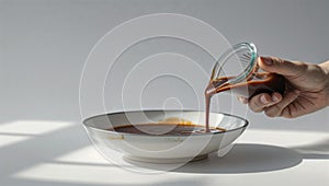 Photorealistic image of a sauce dish with pour lip on a white background