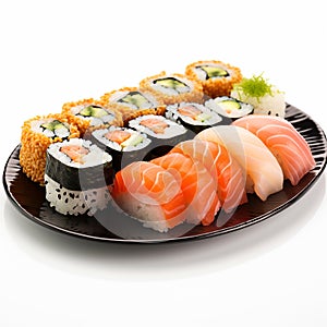 Photorealistic image of a set of Japanese sushi. Japanese traditional food.