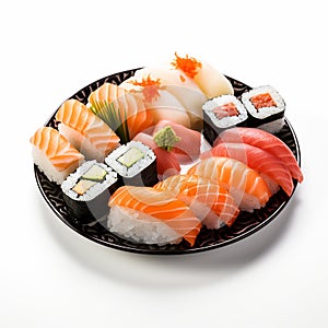 Photorealistic image of a set of Japanese sushi. Japanese traditional food.