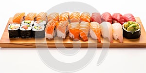 Photorealistic image of a set of Japanese sushi. Japanese traditional food.