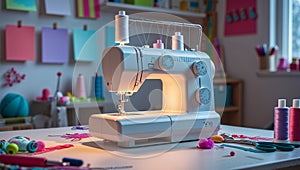 Photorealistic image of a sewing machine on a seamless white surface