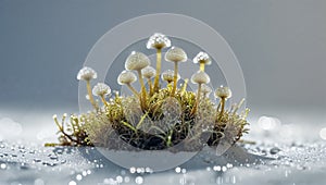Photorealistic image of a small moss with dew on a white background